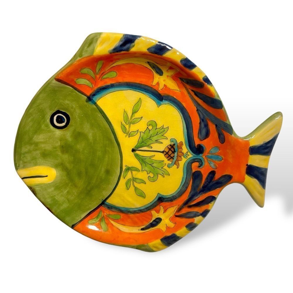 Talavera TAV3 9” Decorative Multi Color Floral Scroll  Fish Shaped Plate